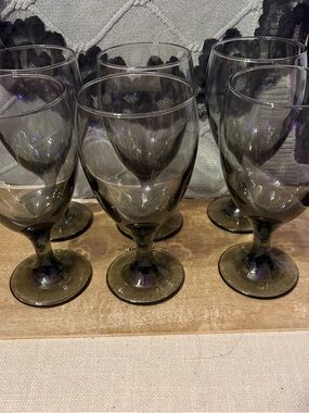 6 Vintage Libbey Smoke Gray Glass Water Wine Goblets 7 inches
